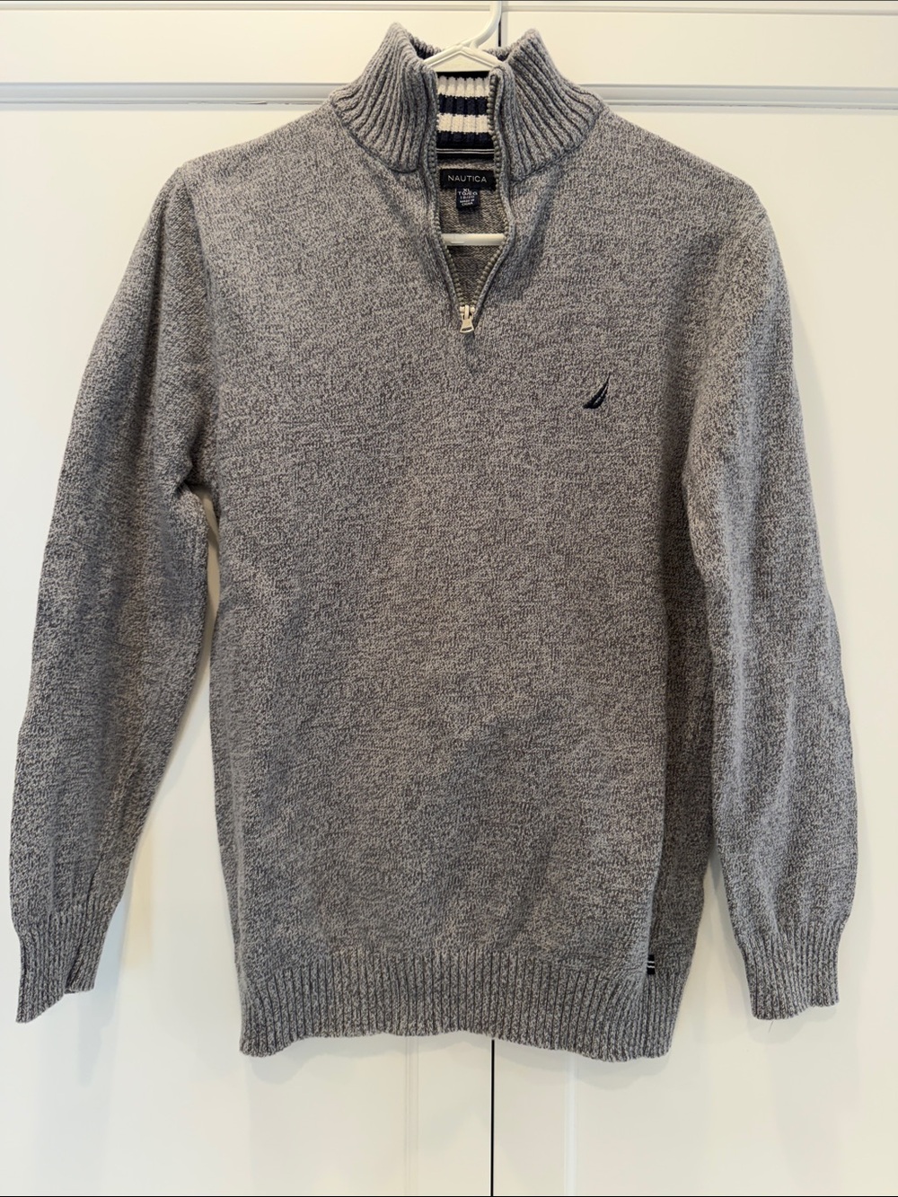 Nautica Big Boy/Kids Light Gray Quarter-Zip Sweater w/ Navy Blue Striped Collar